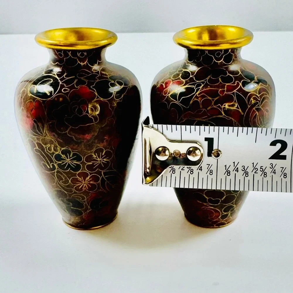Vintage Cloisonne Miniature Bud Vases Set of 2 Floral Enamel Gold Trim 3 Inch
